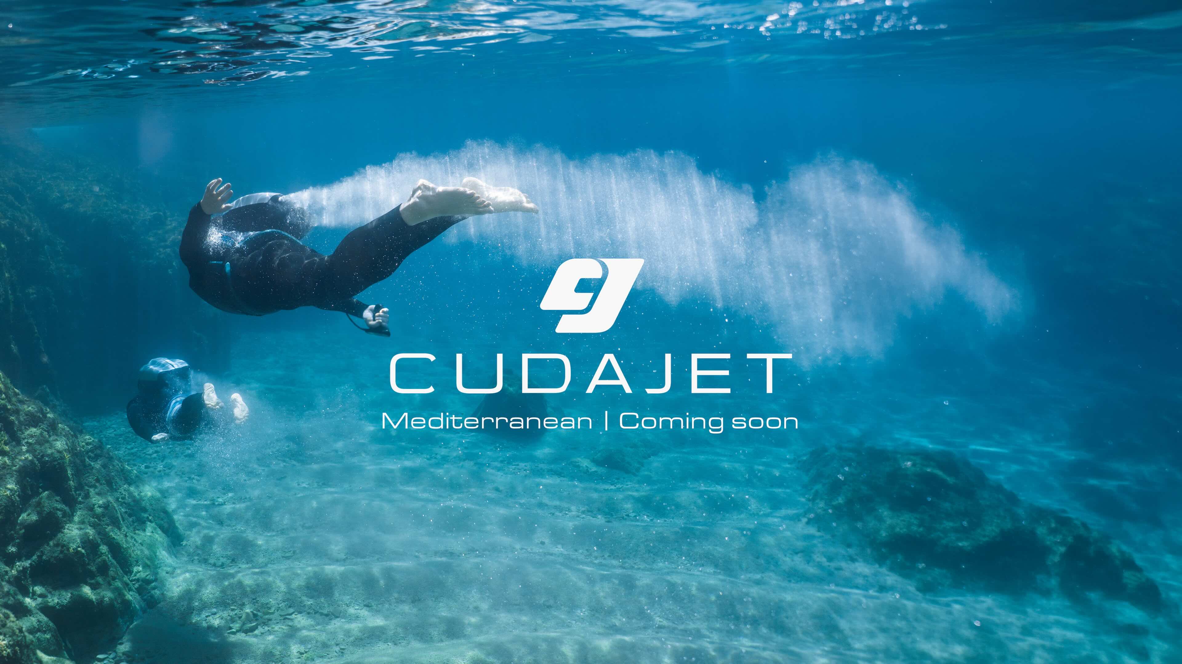 Underwater Jetpacking in the mediterranean. Large overlaid text reads 'CUDAJET' with smaller 'Mediterranean | Coming soon' and a stylized logo.
