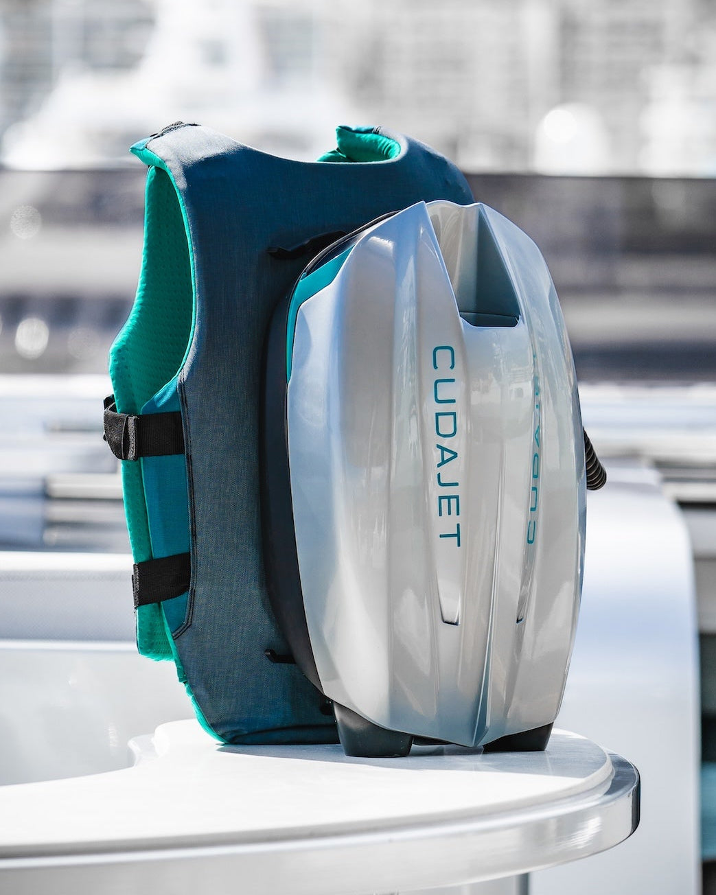 Cudajet underwater jetpack standing on boat deck