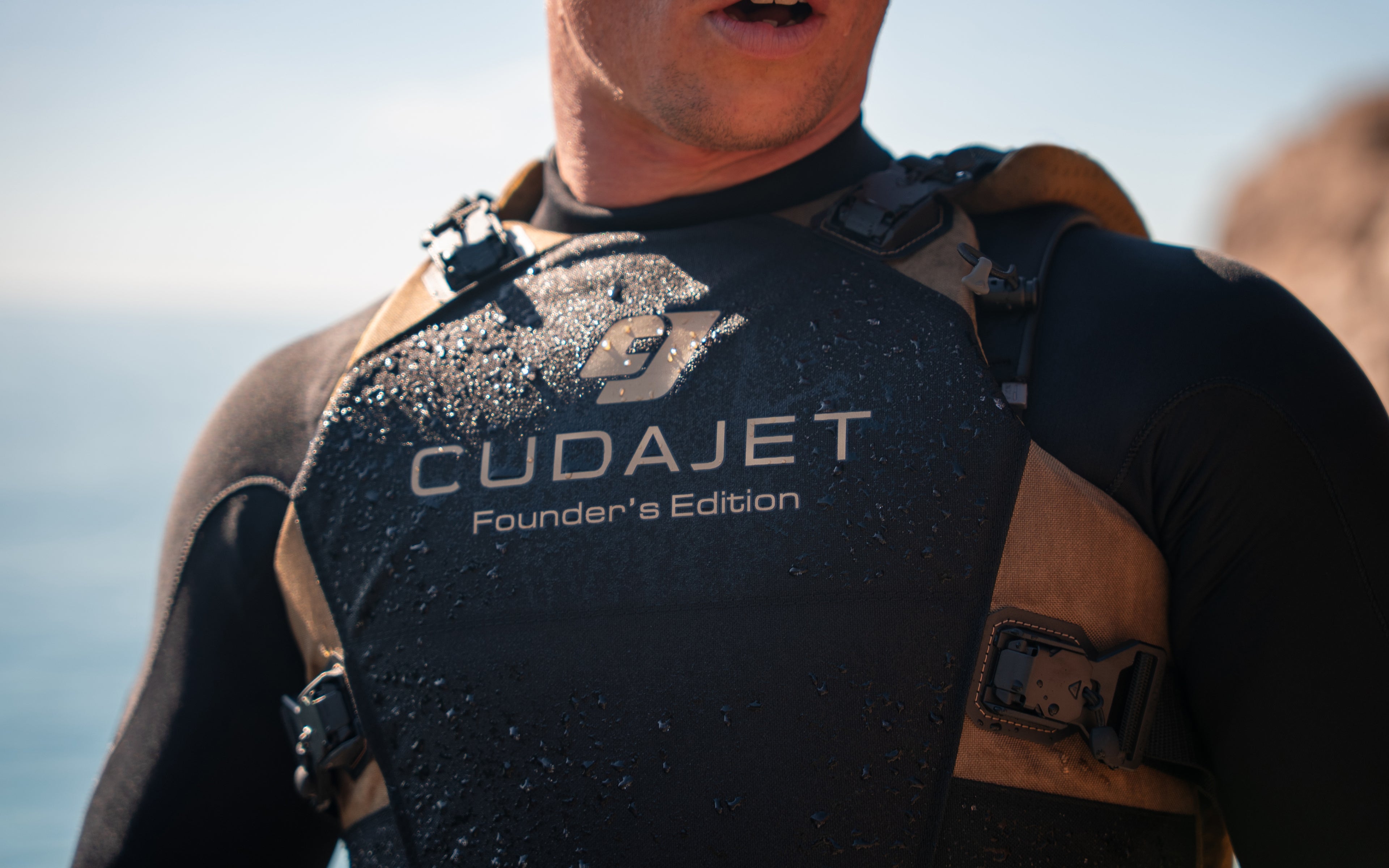 Person wearing a Founder's Edition CudaJet Harness